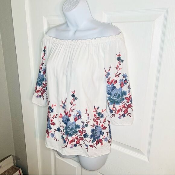 Drew Off the Shoulder Floral Pink and Blue Embroidered Top Ivory White S - Picture 8 of 13